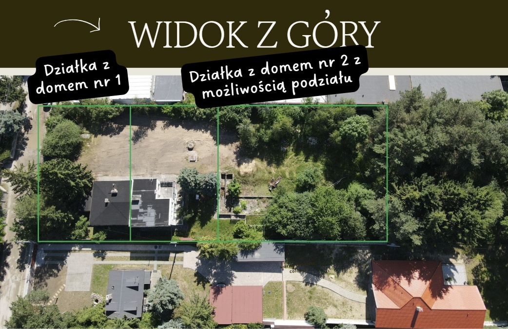 Widok z lotu ptaka — działka z domem nr 1 oraz działka z domem nr 2 z możliwością podziału, Działkowa 29 i 29A w Konstantynowie Łódzkim